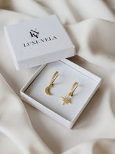 Load image into Gallery viewer, Moon &amp; Stars Gold Hoops
